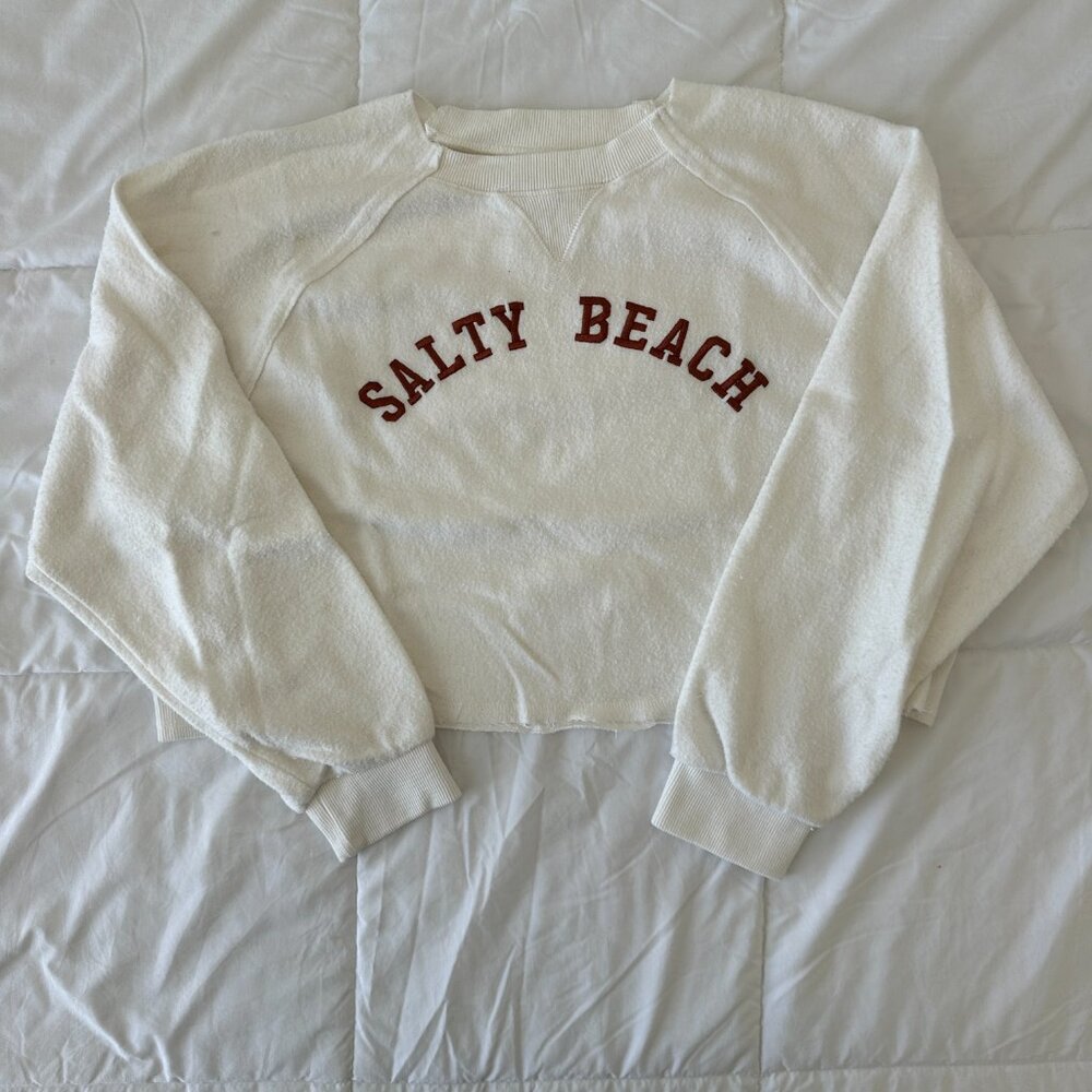 Billabong White Cropped 'Salty Beach' Sweatshirt with Red Lettering